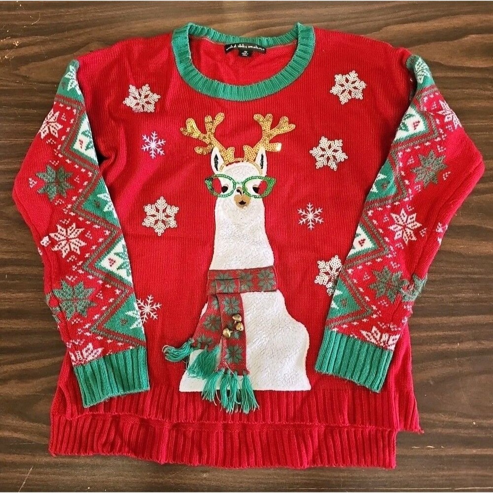 Ugly Christmas Sweater Womens Medium Llama Bells Sparkles